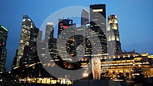 Night view of Merlion statue, landmark of Singapore