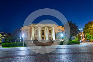 Night view of Meskhishvili Theatre in Kutaisi, Georgia photo