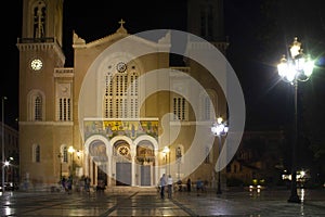 Night view of Mitropolis square in Athens, with Annunciation cathedral