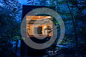 Night view of Modern cabins in a forest