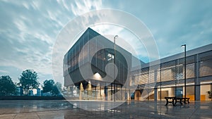 Night view of a modern two-story building on a cloudy day after rain, 3d rendering