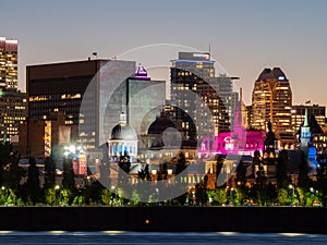 Night view of the Montreal city skyline, city hall with St Lawrence river