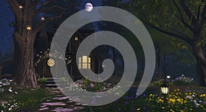 night view of Moonlit Grove Haven . Generative Ai