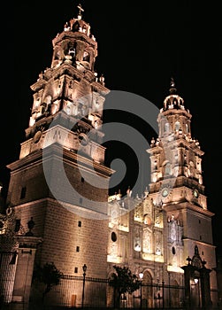 Night view of the Morelia cathedral in michoacan