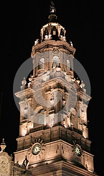 Night view of the Morelia cathedral in michoacan