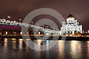Night View Moscow Cathedral of Jesus Christ the Saviour with Patriarshiy Bridge, Russia
