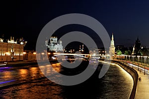 Night View of Moscow river and Cathedral of Jesus Christ the Saviour, Moscow, Russia