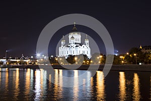 Night view of the Moskva River and the Christ the Savior Cathedral, Moscow, Russia