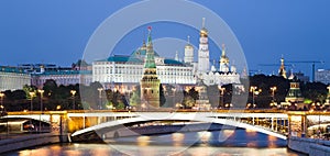 Night view of the Moskva River, the Great Stone Bridge and the Kremlin, Moscow, Russia