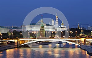 Night view of the Moskva River, the Great Stone Bridge and the Kremlin, Moscow, Russia