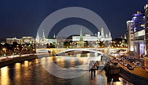 Night view of the Moskva River, the Great Stone Bridge and the Kremlin, Moscow, Russia