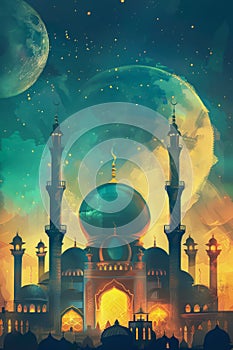 Night view of a mosque. Eid al Fitr concept