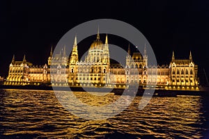Night view of the most beautiful building of the Hungarian Parliament from the Danube River. City of Budapest, Hungary, night