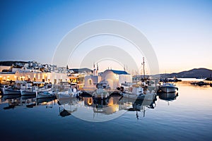 Night view of Naoussa village, Paros island, Greece. Popular tourist destination in Europe.