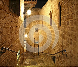 Night view on narrow street in old Jaffa