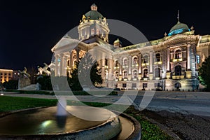 Night view of the National Assembly of the Republic of Serbia in Belgrade