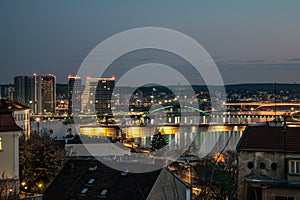 Night view of new buildings in Belgrade, where new and old are connected,view from kalemegdan fortress