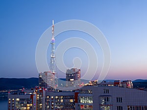 Night view of new buildings. Siberian city of Krasnoyarsk