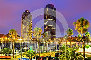 night view of new seaside of Barcelona - center of nightlife