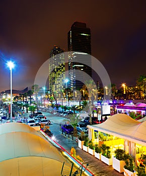 Night view of new seaside of Barcelona - center of nightlife