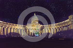 Night view of the New Year fir tree in garlands on the square in front of Kazan Cathedral in Saint Petersburg in the winter New Ye