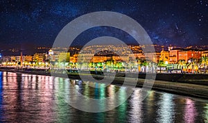 Night view of Nice, Cote d`Azur, French Riviera, France