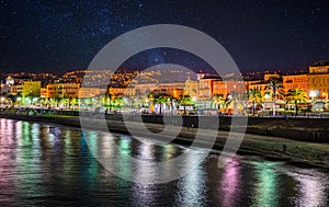 Night view of Nice, Cote d`Azur, French Riviera, France