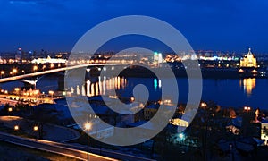 Night view of Nizhny Novgorod. Kanavinskiy bridge and Alexander