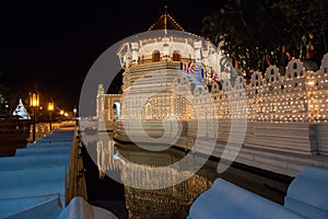 Night view of the octagonal pavilion in Temple of the Sacred Tooth Relic, Sri Lanka.