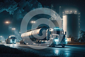 night view of oil trucks that deliver petroleum to refinery complex