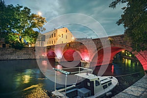 Night view of old bridge in Crikvenica. Croatia