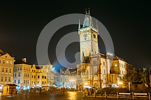 Night view of the Old Town Hall in Prague, Czech