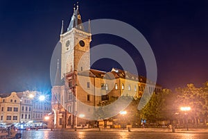 Night view of Old Town Square with Prague Astronomical Clock and City Hall