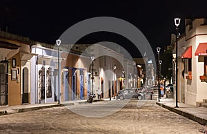 Night view of one of the central streets in Oaxaca, Mexico