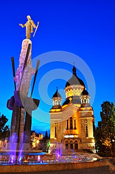 Night view of Orthodox cathedral from Cluj Napoca