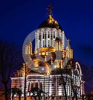 Night view of the Orthodox Cathedral of Fagaras, Brasov County, Romania