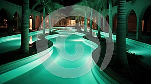 Night view of an outdoor water amusement park in a luxury tropical resort. Glowing turquoise water. Generative AI