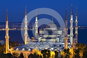 Night view over the Blue Mosque, Istanbul, Turkey.