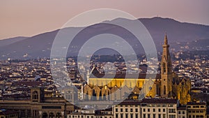 Night landscape view over Florence, Italy, featuring the illuminated Basilica di Santa Croce Holy Cross .