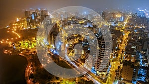 Night view over Miraflores District in Lima Peru