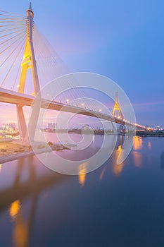 Night view over Rama9 suspension bridge cross over Bangkok river