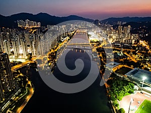 Night view over Shatin River in Hong Kong
