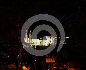 Night view over the town of Sintra in Portugal with National Palace and its chimneys