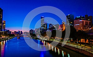 Night view over Yarra River and City Skyscrapers in Melbourne, Australia