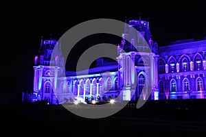 Night view of The palace Tsaritsyno history museum in Moscow, Ru