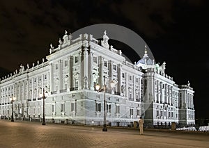 Night view of the Royal Palace in Madrid, Spain