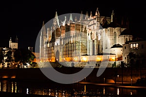 Night view of Palma de Mallorca Cathedral, La Seu, from Parc de la Mar. Palma, Majorca