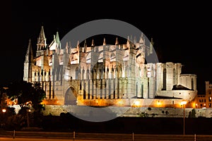 Night view of Palma de Mallorca Cathedral, La Seu, from the port. Palma, Majorca