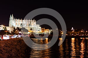 Night view of Palma de Mallorca Cathedral, La Seu, from the port. Palma, Majorca