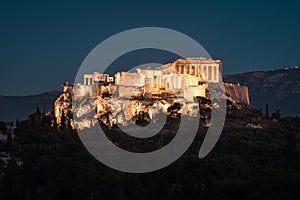 Night view of Parthenon temple on the Acropolis of Athens,Greece